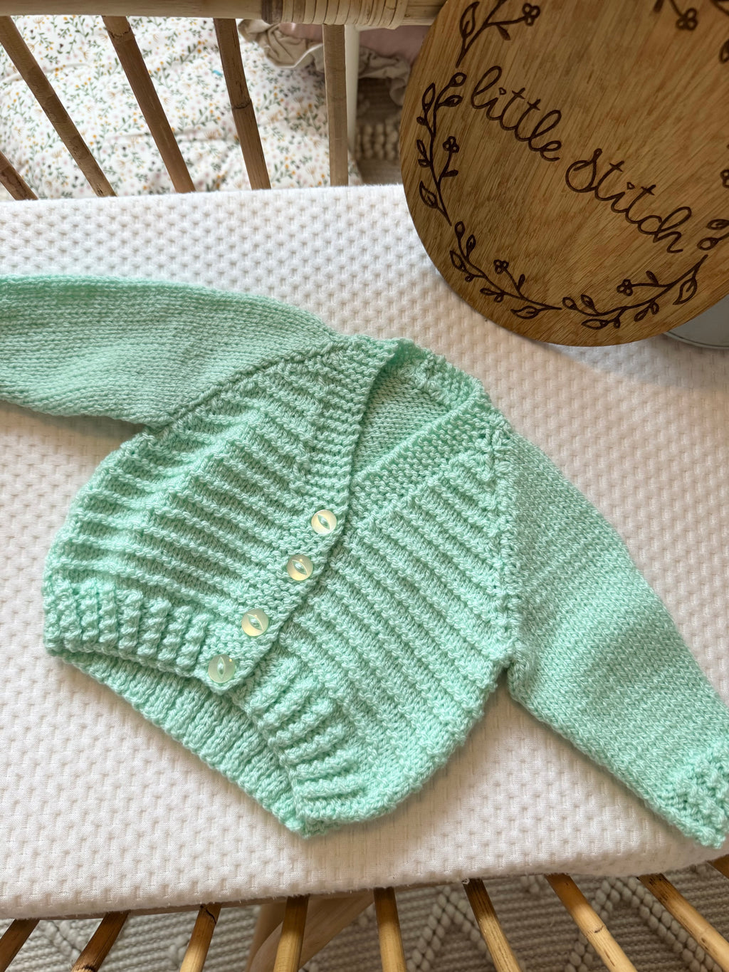 Mint green 3-6m handknitted cardigan
