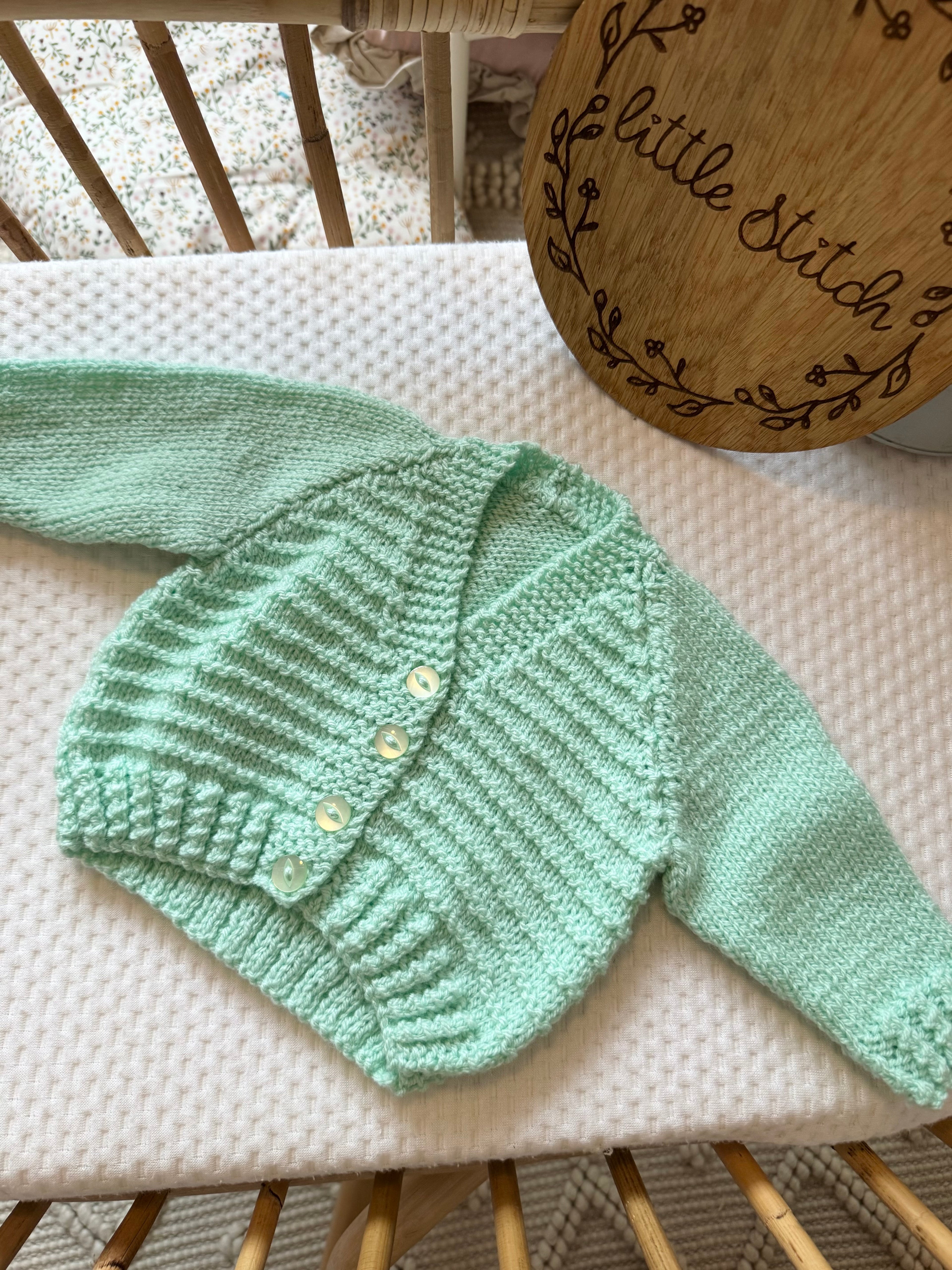 Mint green 3-6m handknitted cardigan