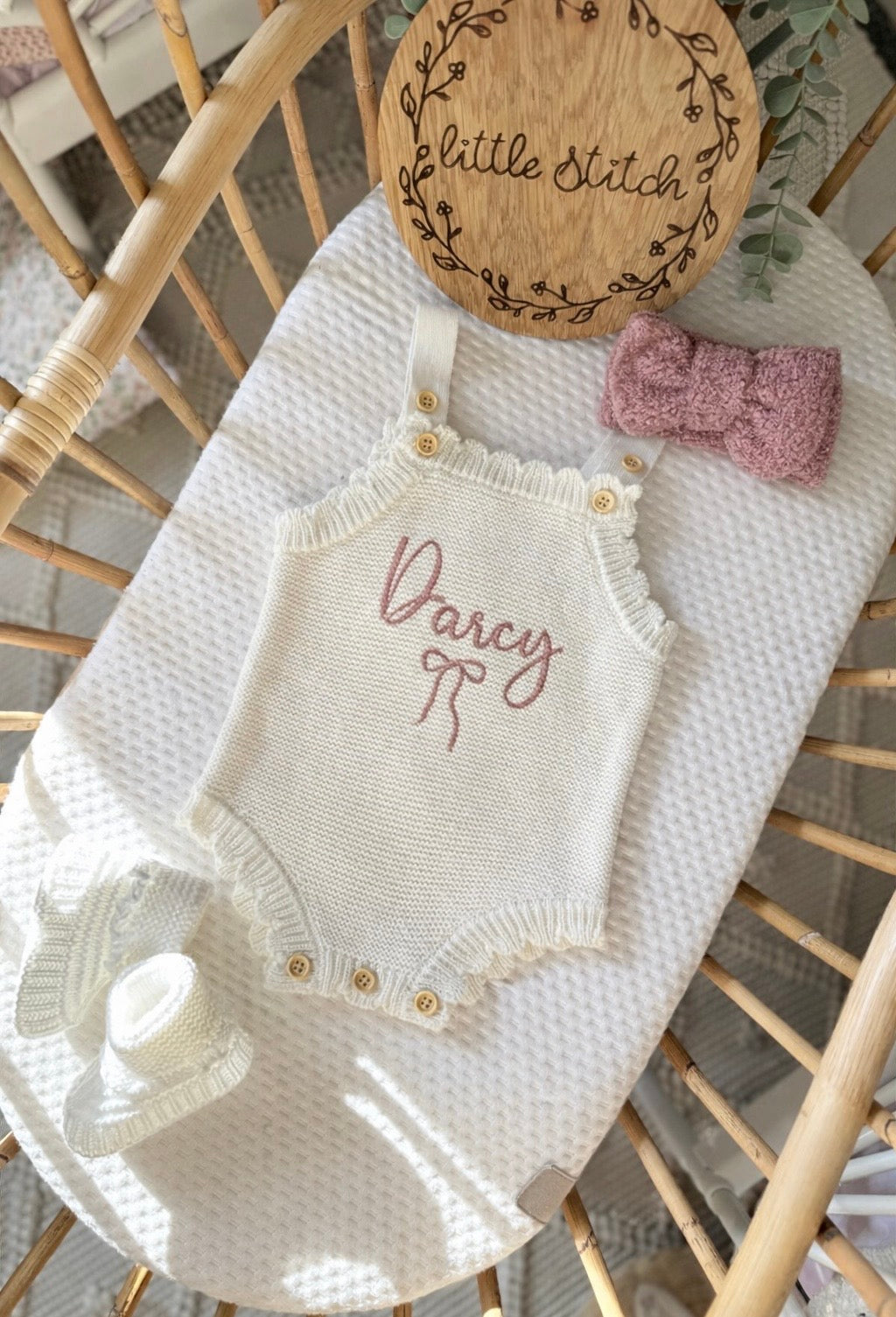 Name and bow design scallop sleeveless romper