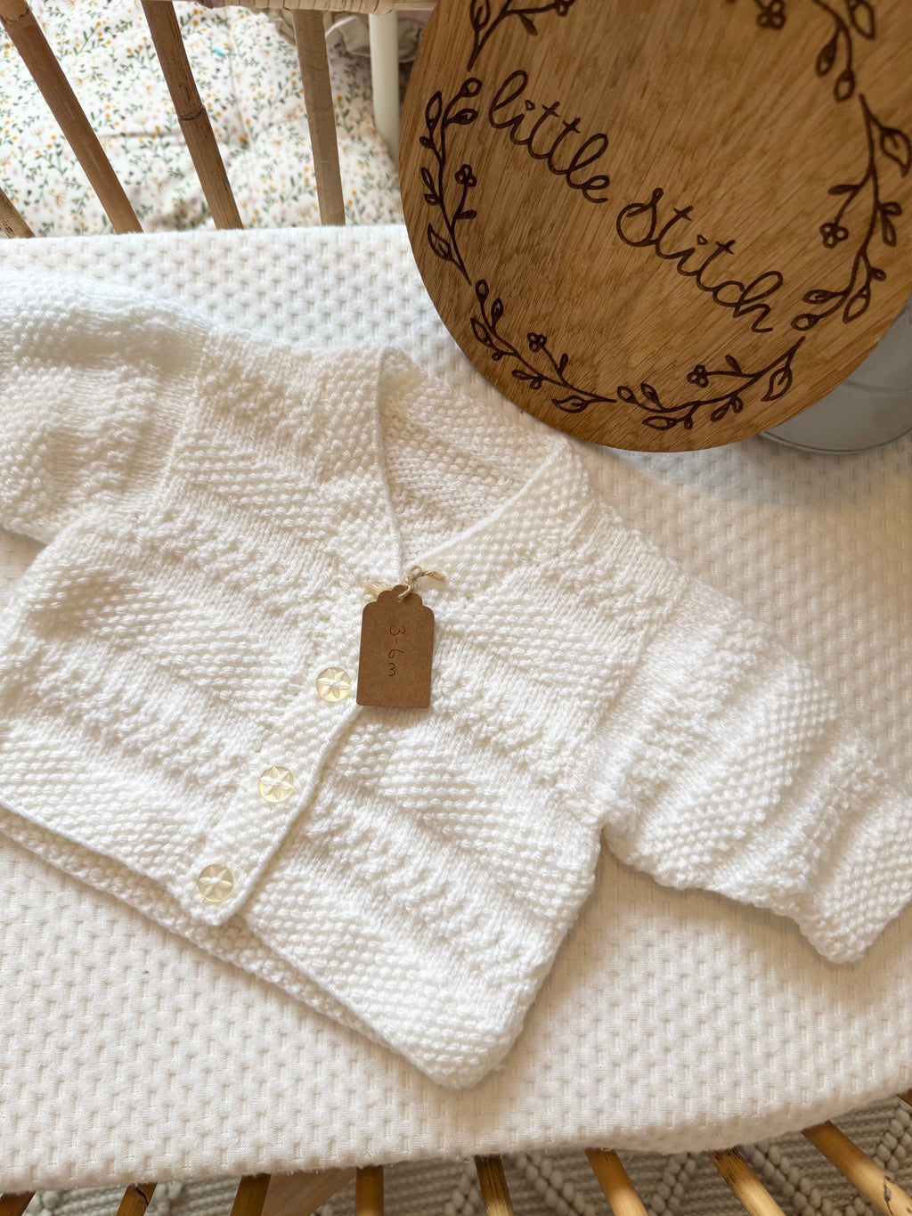 White 3-6m handknitted cardigan