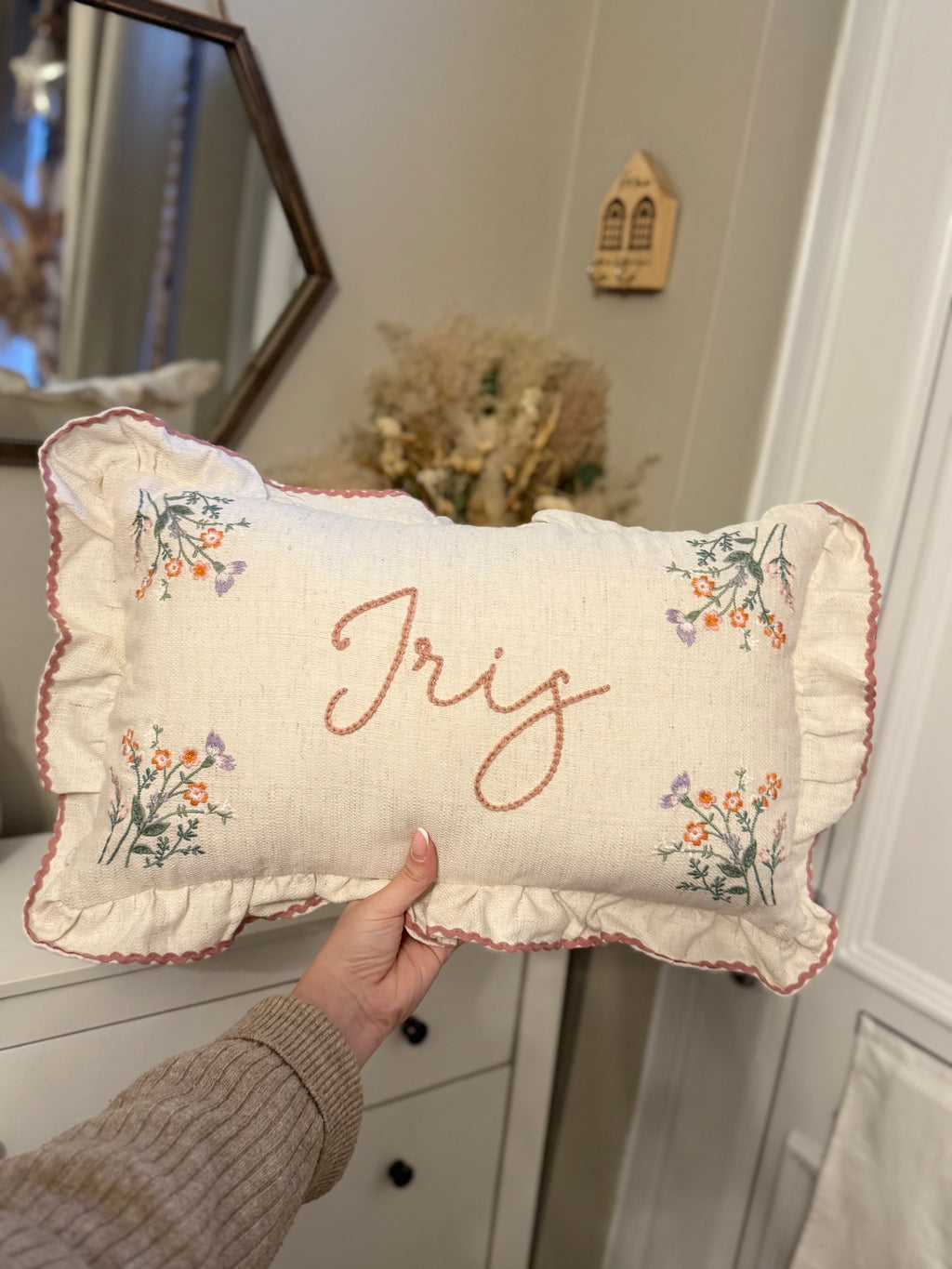 Hand embroidered floral cushion