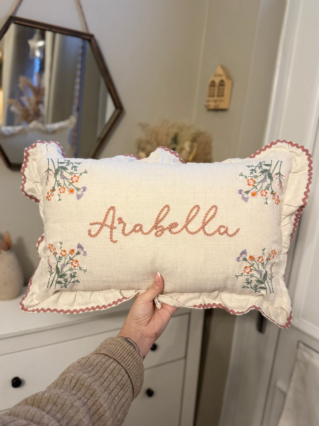 Hand embroidered floral cushion