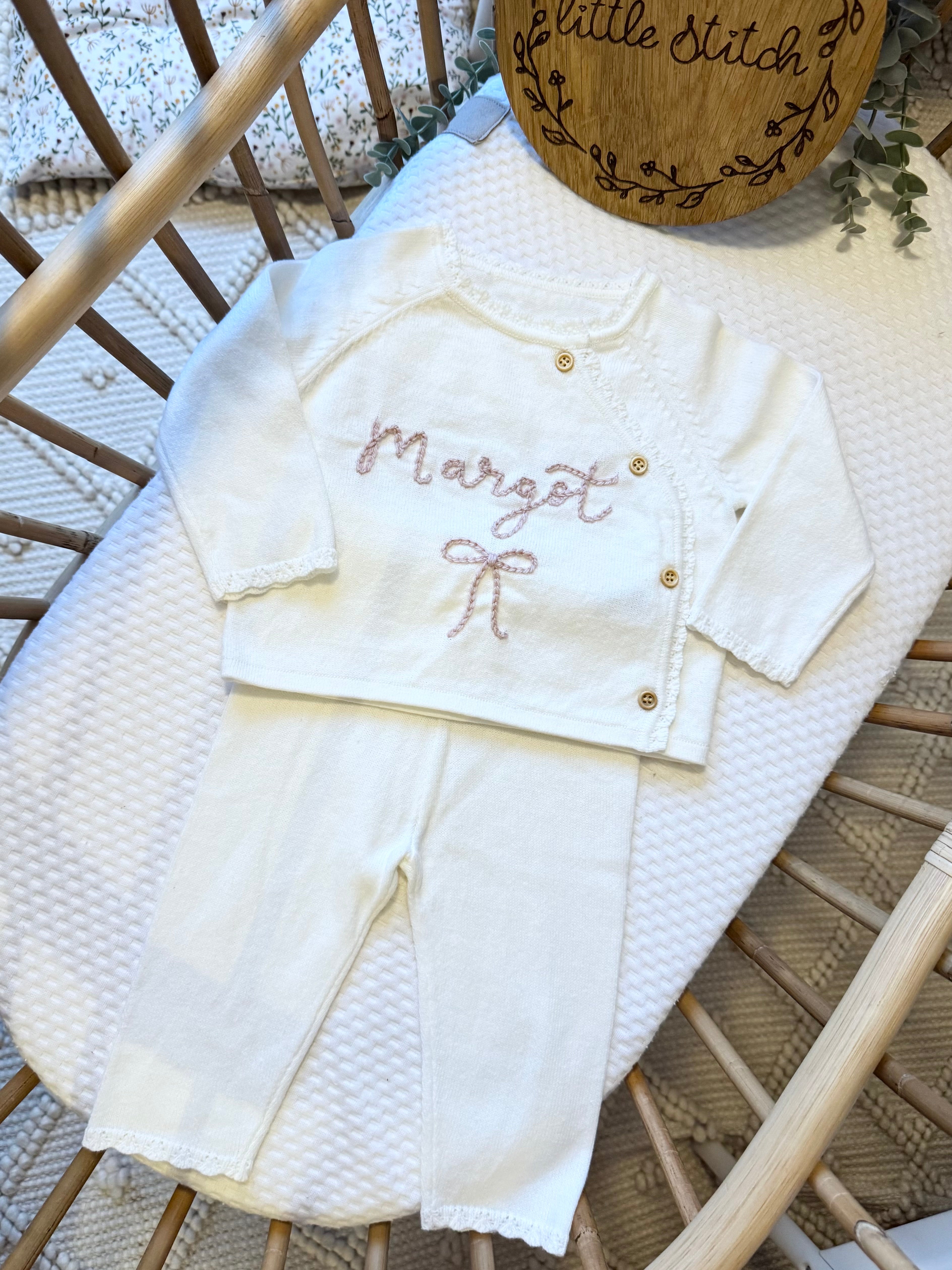 White 2 piece set - add name and pink or red wool to your cart (includes bow)