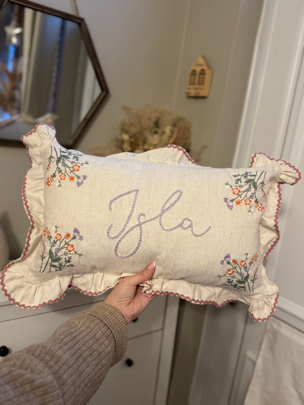 Hand embroidered floral cushion