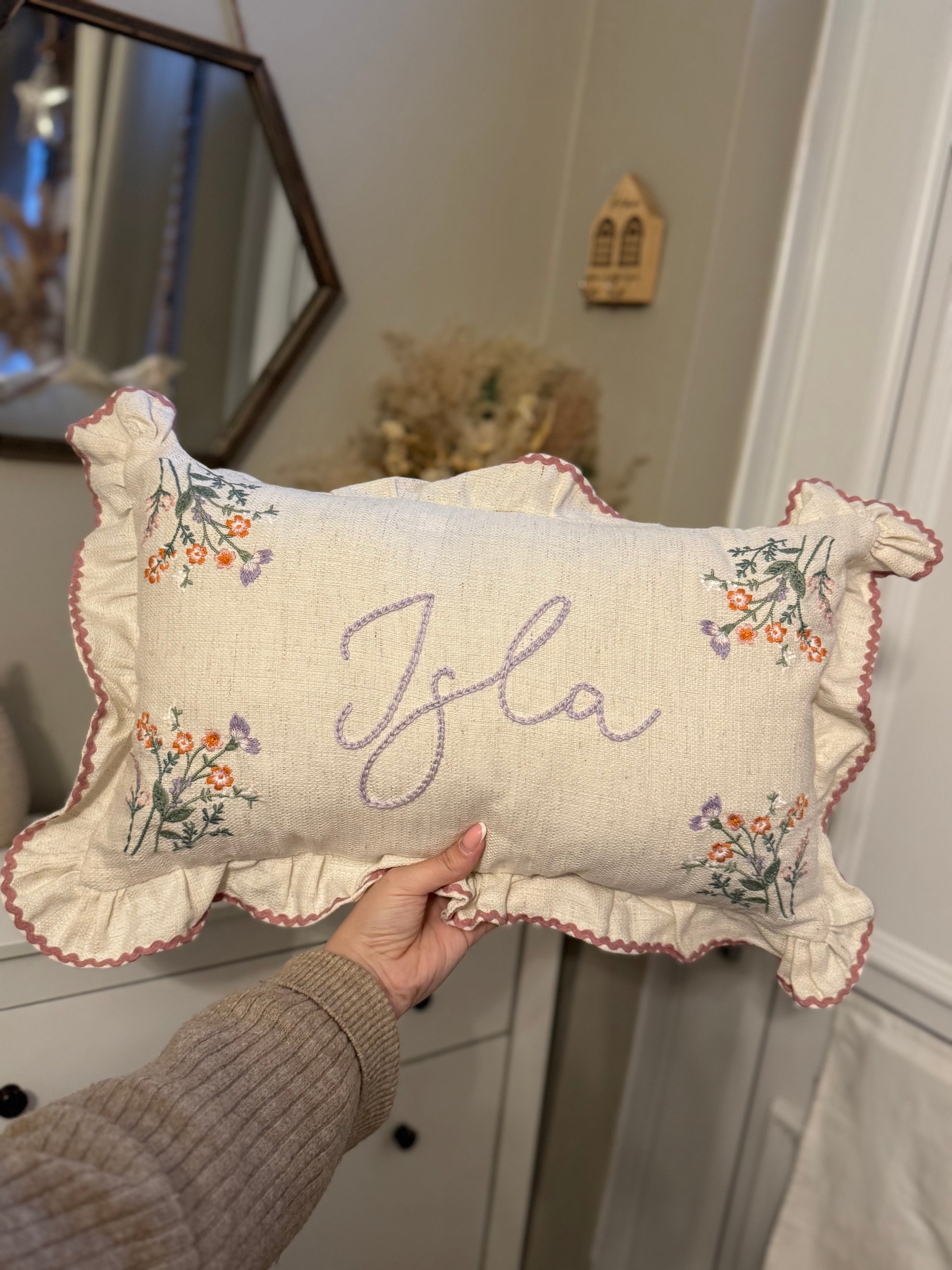 Hand embroidered floral cushion