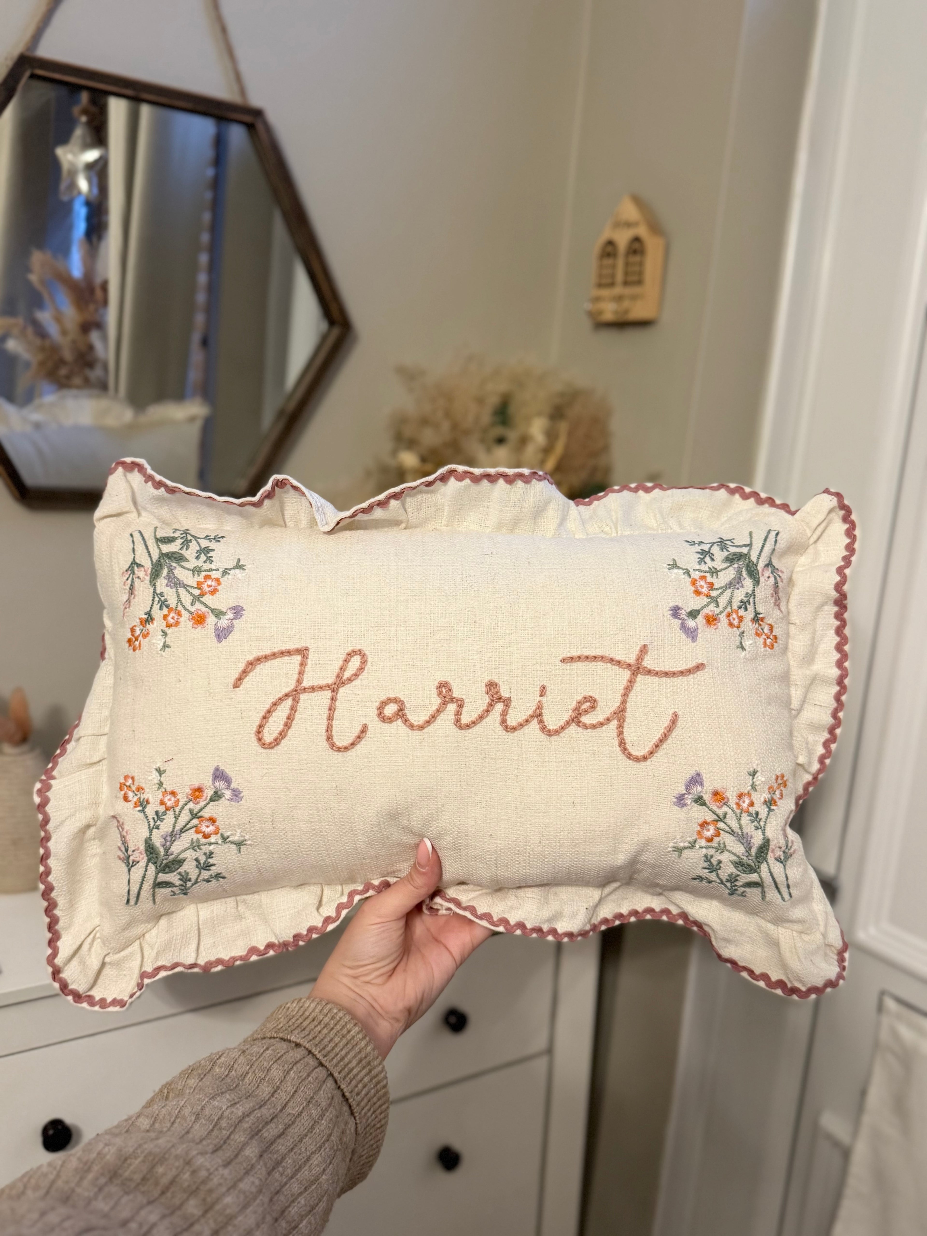Hand embroidered floral cushion