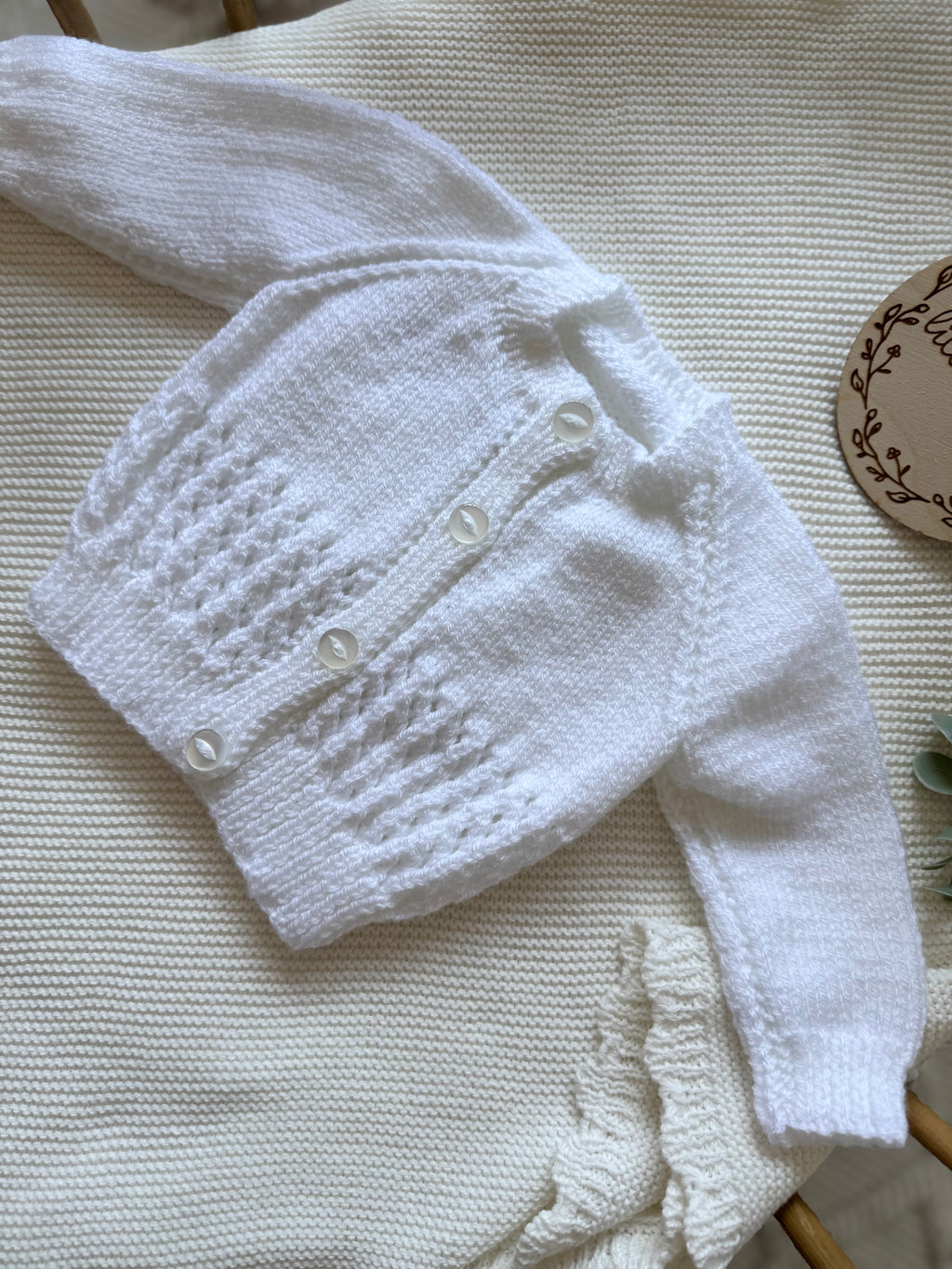 White 0-3m hand knitted cardigan