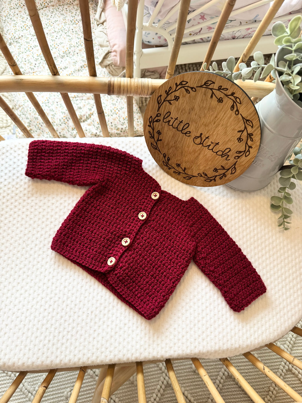 Wine red 0-3m handknitted cardigan