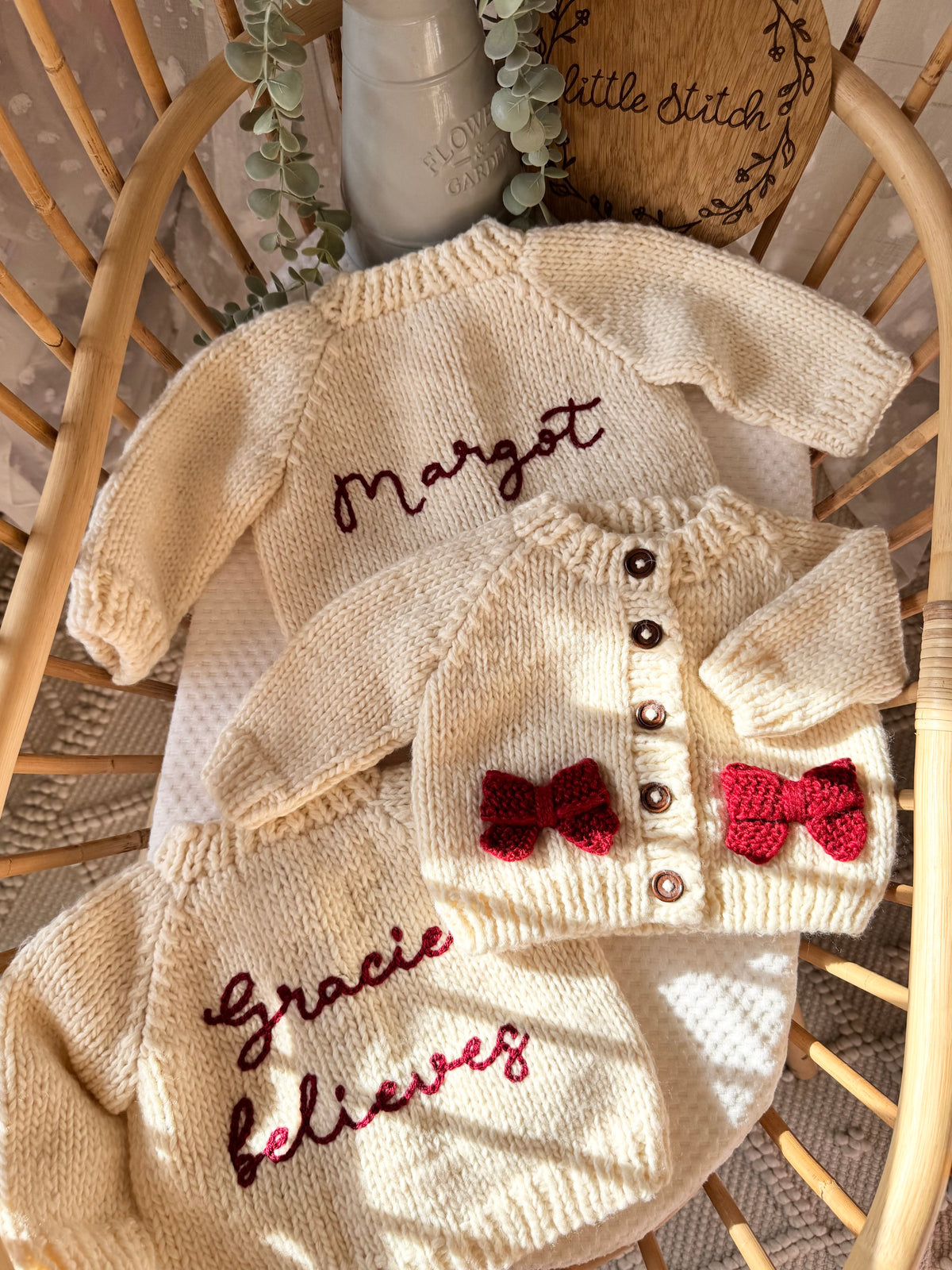 Hand knitted bow cardigan - includes 1 name added to the back