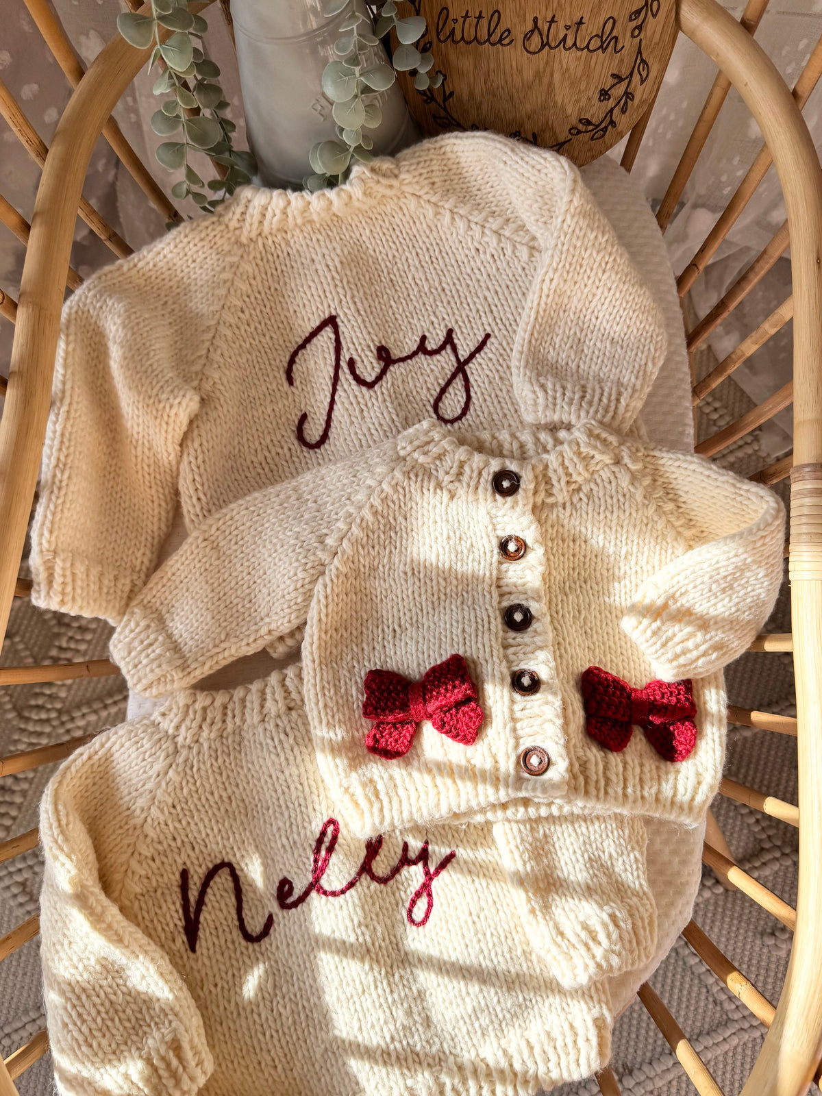 Hand knitted bow cardigan - includes 1 name added to the back