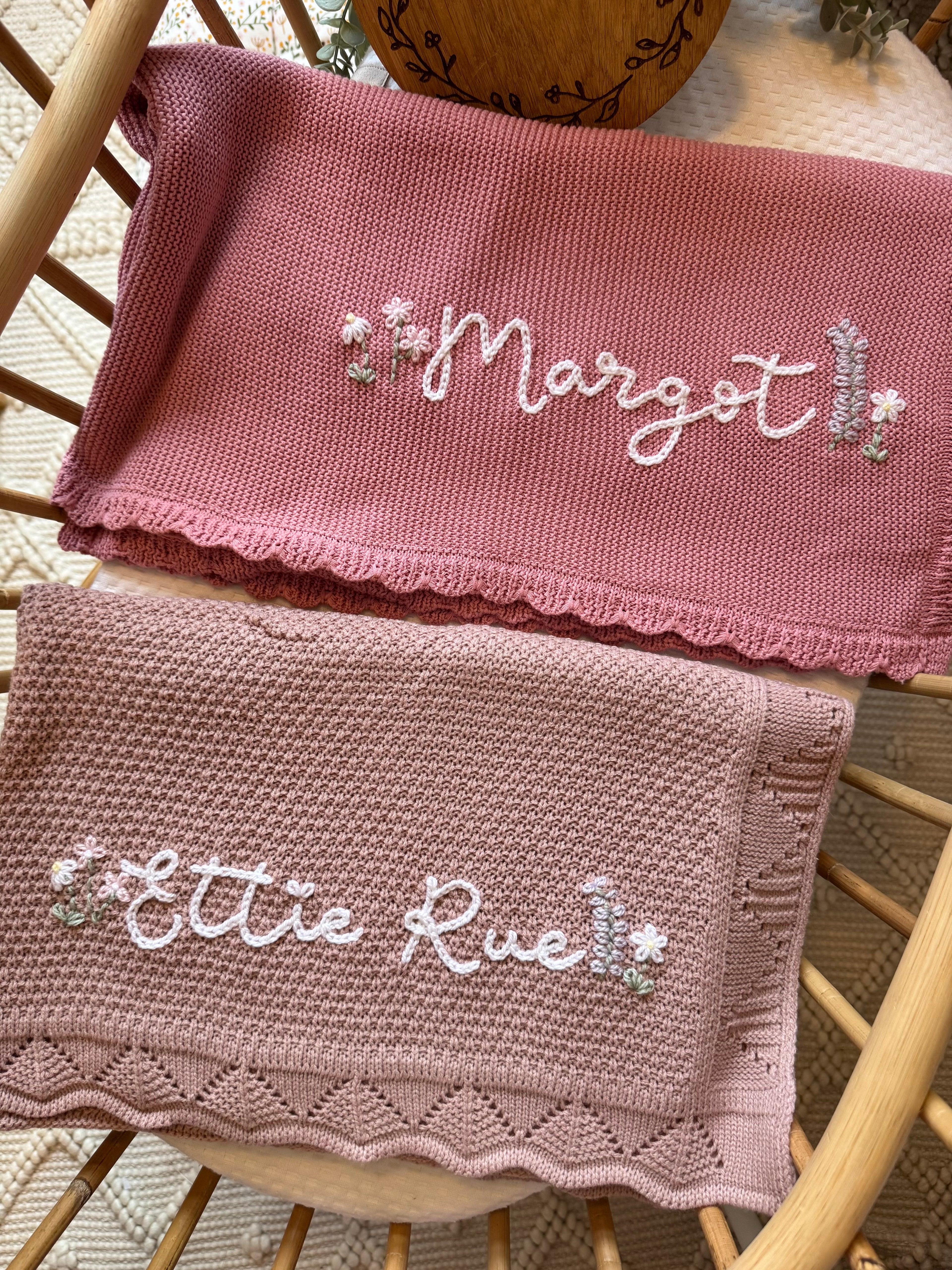 Hand embroidered name and flowers design (2-3 week turnaround)