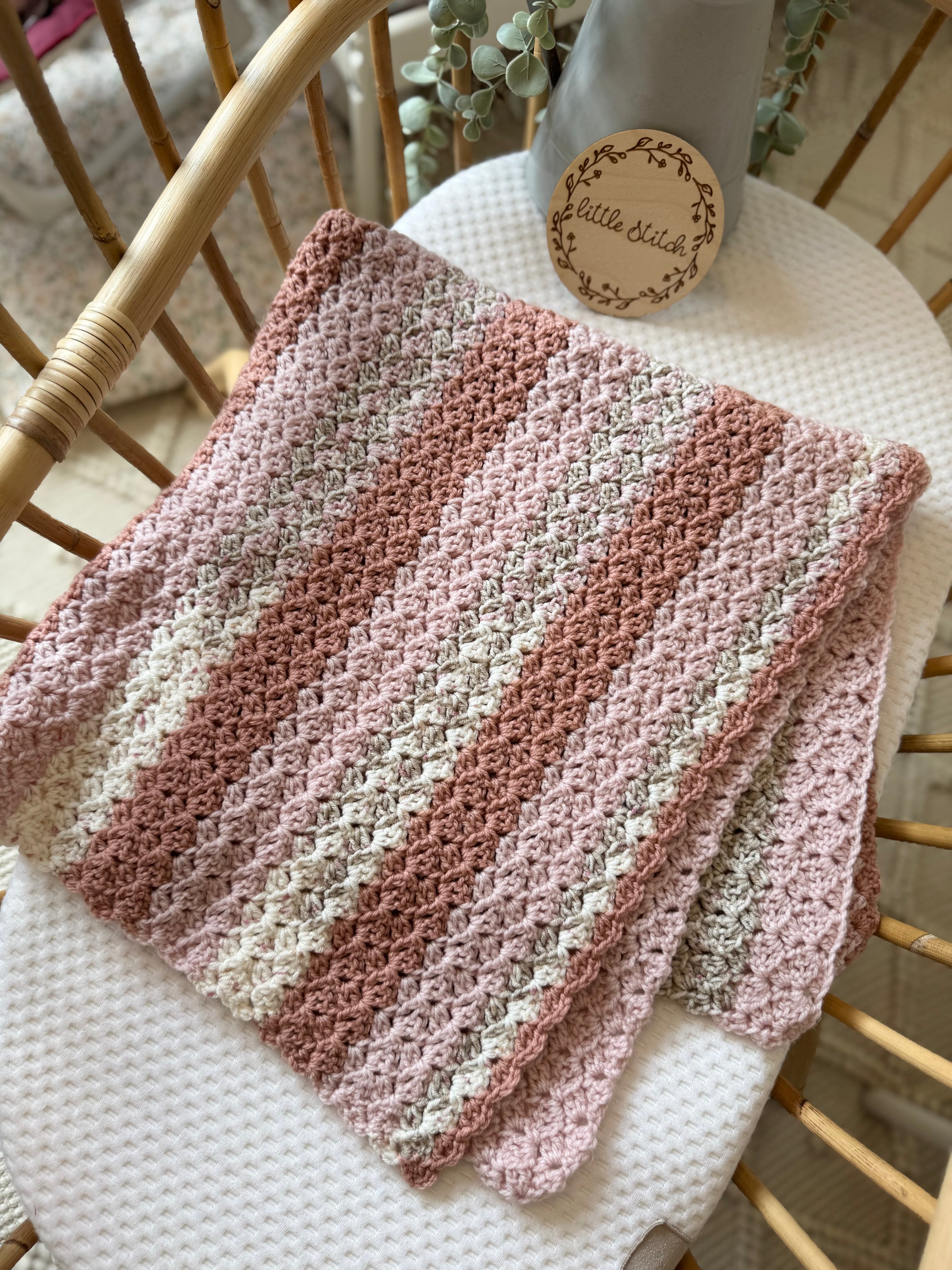 Hand crotched blanket - mix of pinks and cream